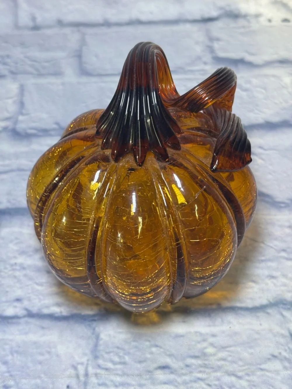 Glass Amber Pumpkin Hand Blown Crackle Finish Thanksgiving Curly Steam Pier One